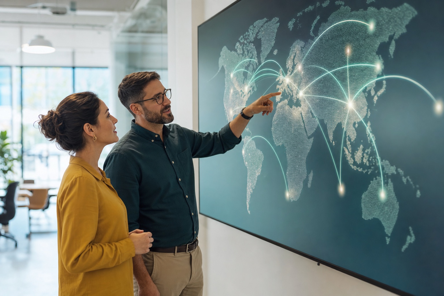 A corporate mobility team at a wall display of the global network map