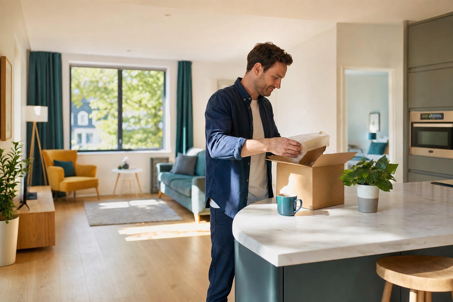 A man unpacking a box on the kitchen island of a bright serviced apartment