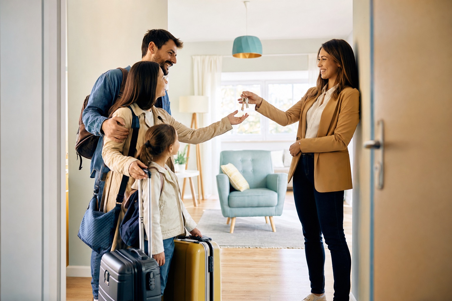 A family receiving the keys to their new furnished apartment from their account manager