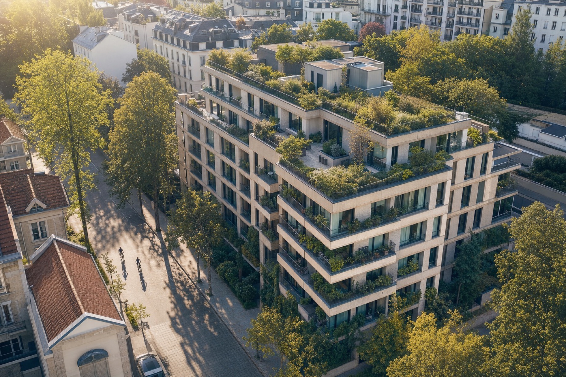 Um prédio de apartamentos com serviços e terraços verdes em uma rua arborizada