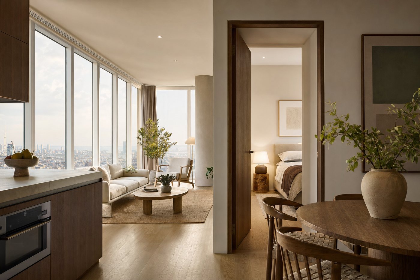 Open-plan apartment high above a city, with floor-to-ceiling windows and the bedroom door open