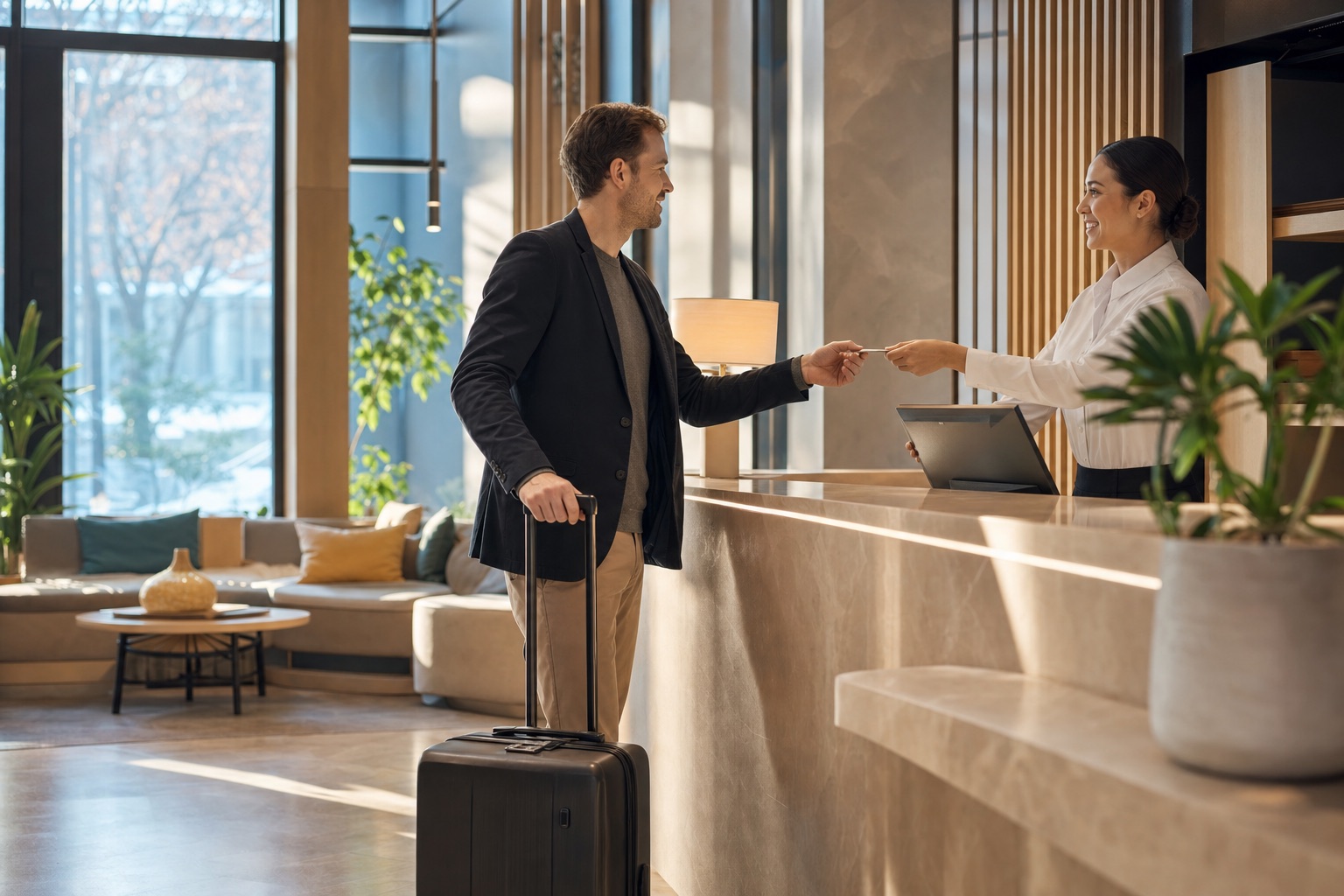 Um viajante a negócios faz check-in na recepção de um aparthotel