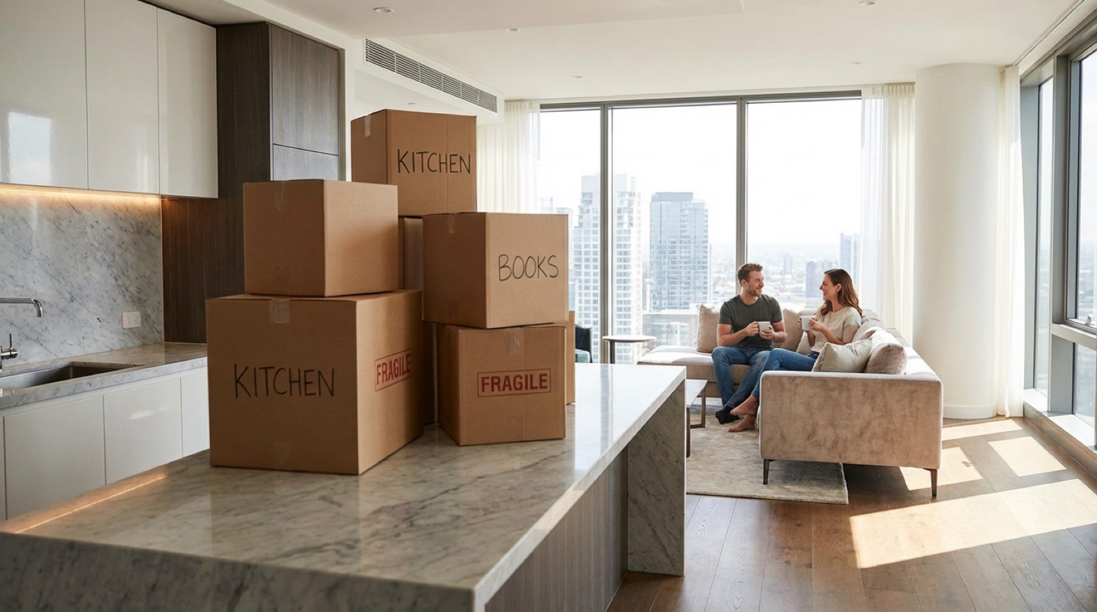 Uma profissional recém-transferida chega com a mala a um apartamento claro com serviços
