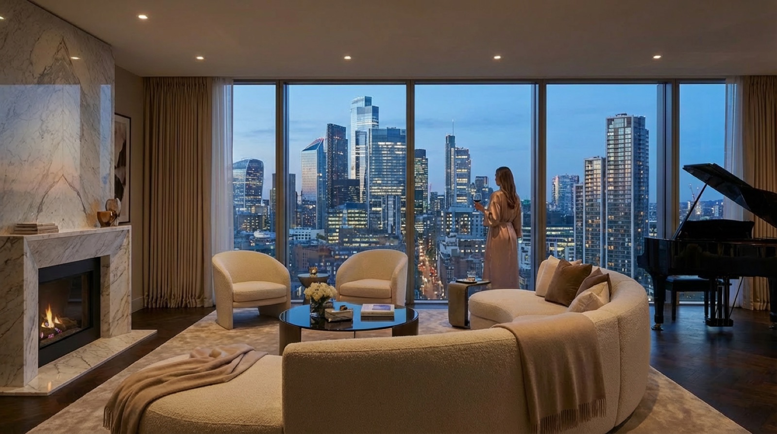 A sala de uma cobertura com vista para o horizonte da cidade ao anoitecer